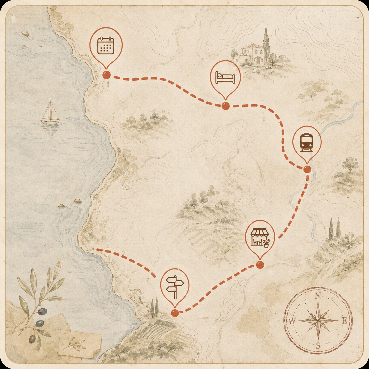 Carte illustrée avec itinéraire en pointillés orange, étapes jour 1 à jour 6 et pictogrammes de voyage