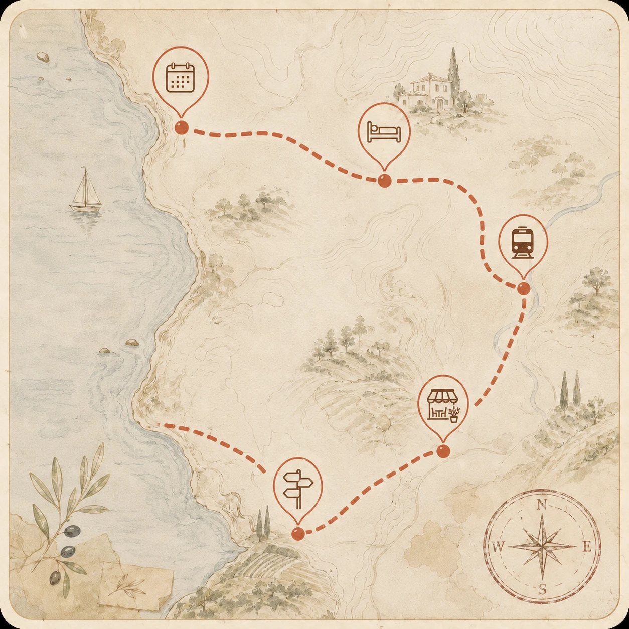 Carte illustrée avec itinéraire en pointillés orange, étapes jour 1 à jour 6 et pictogrammes de voyage